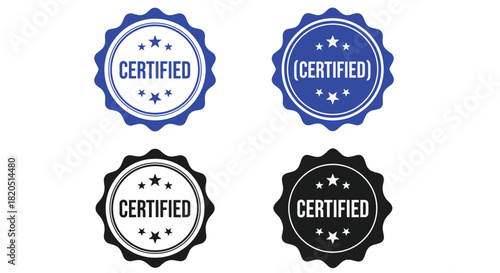 Collection of certified seals and stamps in blue, white, and black for quality assurance and approval.