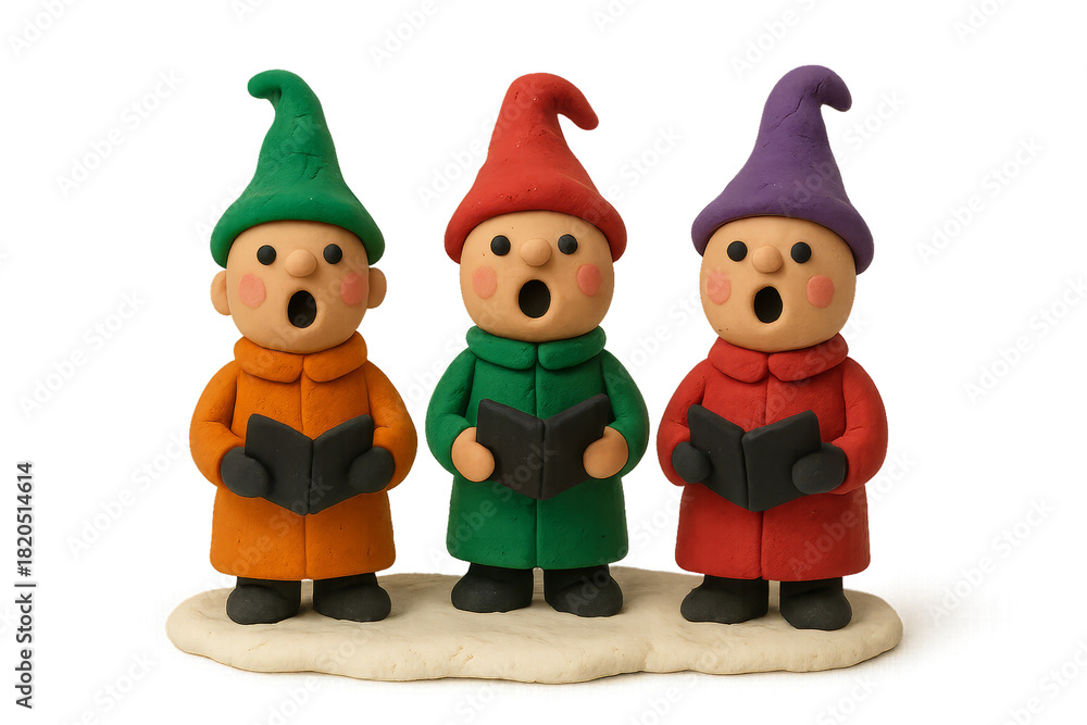 Fototapeta premium Three charming handmade clay gnomes in colorful hats and coats sing festive holiday carols from their books in a delightful miniature choir scene