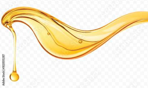 abstract smooth liquid cooking, engine, olive oil and honey splashing with droplets in curve style isolated on white background