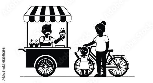 Ice cream cart vendor selling to mother and daughter on bicycle