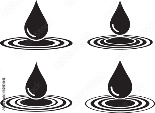 Four black water drops falling into rippling water silhouette
