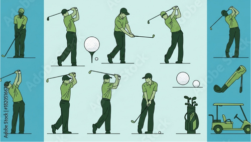 Golf Swing Sequence Illustration Steps for a Perfect Shot in Green and Teal