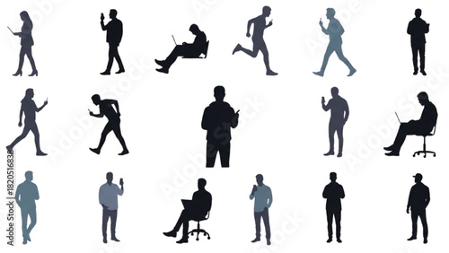 Collection of Silhouetted Figures in Various Poses Business, Technology, and Lifestyle