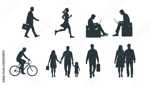 Silhouettes of diverse people engaged in various activities like cycling and working