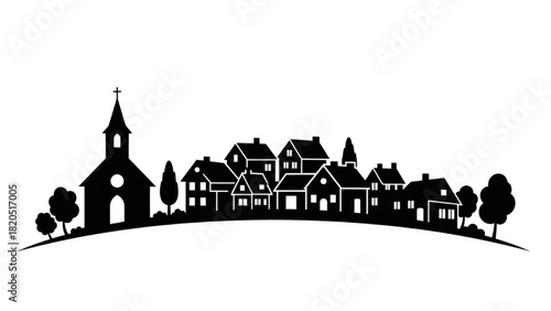 Silhouette of a Village Landscape with Church and Houses