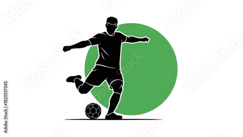 Dynamic silhouette of a soccer player kicking a ball, a vector sports icon on a green circle