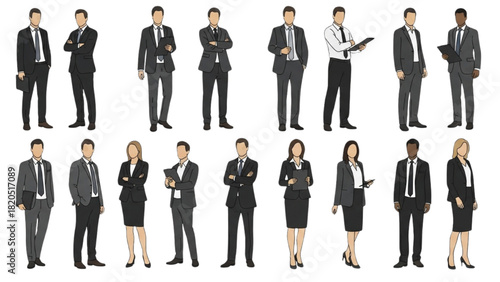 A diverse group of business professionals in various poses, depicting a modern and inclusive corporate workforce