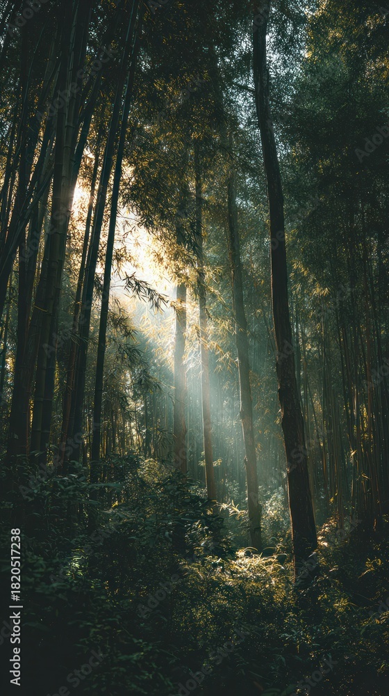 Obraz premium Serene Sunlight Filtering Through Bamboo Forest