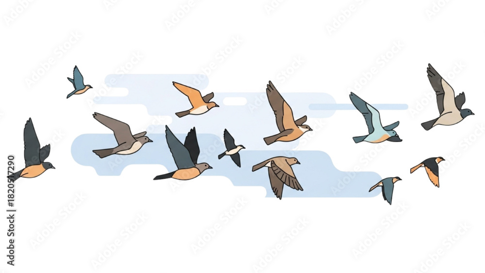 Fototapeta premium A stylized vector illustration of a flock of birds soaring through the sky with a sense of freedom