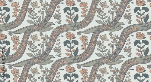 Elegant Vintage Botanical Seamless Pattern with Stylized Flowers and Ornate Swirling Ribbons, Perfect for Textile Designs and Decorative Backgrounds