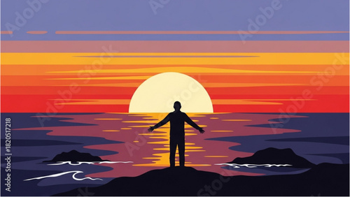 Silhouette of a person with open arms enjoying a vibrant and colorful sunset over the ocean
