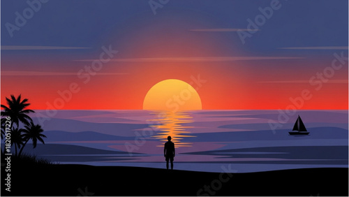 Person Watching a Beautiful Sunset Over the Ocean with Palm Trees and a Sailboat