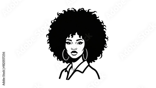 Female Portrait with Afro Hairstyle and Hoop Earrings Black and White Illustration