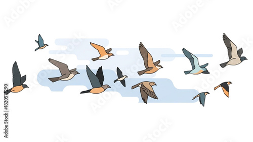 A stylized vector illustration of a flock of birds soaring through the sky with a sense of freedom