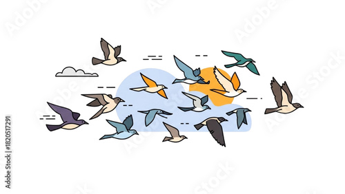 Flock of Birds Soaring in Sky, Colorful Minimalist Illustration
