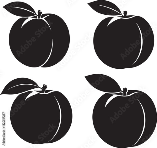 Four black silhouette peaches with leaves