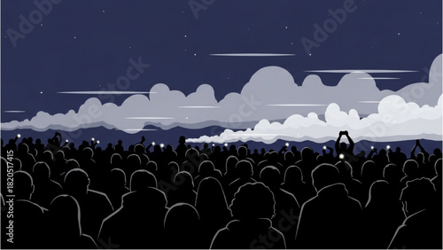 Massive Concert Crowd Holding Up Bright Smartphones at a Night Outdoor Music Festival