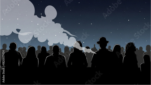 A vast silhouetted crowd observes an atmospheric smoky night event under a star-filled sky, embracing an unfolding mysterious concept