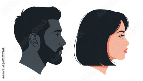 Profile Head Silhouettes Man and Woman Facing Each Other