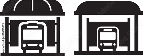 Two bus stop shelters with buses inside silhouette