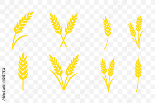Wheat icon set. Collection of black wheat ear silhouettes, ideal for agriculture logos, organic product labels, and rural themed designs. Vector illustration. EPS 10