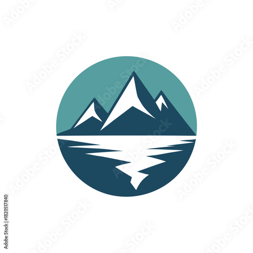 Stylized mountain range reflected in water within a teal circle logo mountains reflection