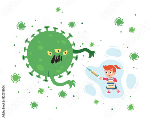 Vaccinated girl with syringe as sword fighting the Virus monster. Vaccination power concept. Children vaccination. Flat design. Vaccination protects from viruses.
