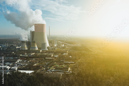 Fotografie Thermal nuclear plant with wide cooling pipe