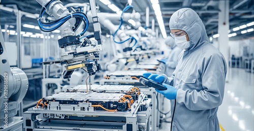 Technician in clean suit inspecting electric vehicle battery pack on automated assembly line with robotic arms