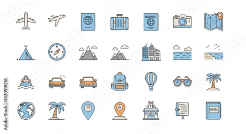Travel and Tourism Flat Vector Icons for Destinations and Vacation Planning