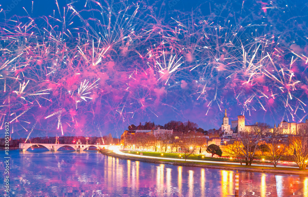 Fototapeta premium Pont Saint Benezet bridge on the Rhone River and Palace of the Popes ( Palais des Papes) and Avignon Cathedral with fireworks - Avignon city, France