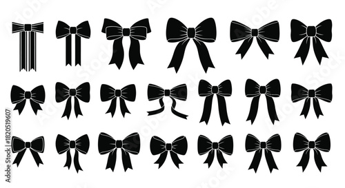 Collection of various black bow tie designs on a white background