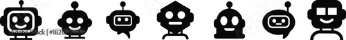 Robot face icon set in flat collection group, artificial intelligence AI chatbot android avatar head symbol pack, robotics automation machine humanoid bot kit, synonym cyborg AI digital assistant