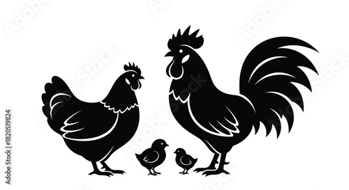 Black silhouette of a rooster hen and two chicks on a white background