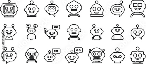 Robot face icon set in line collection group, artificial intelligence AI chatbot android avatar head symbol pack, robotics automation machine humanoid bot kit, synonym cyborg AI digital assistant