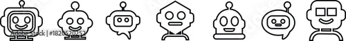 Robot face icon set in line collection group, artificial intelligence AI chatbot android avatar head symbol pack, robotics automation machine humanoid bot kit, synonym cyborg AI digital assistant