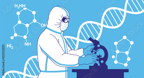 Scientist in hazmat suit using microscope with dna and molecule art