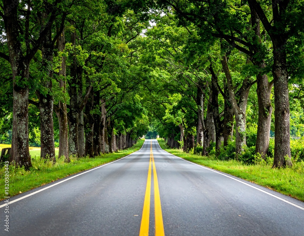 Fototapeta premium Long asphalt road bordered by trees, leading toward the horizon