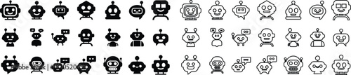 Robot face icon set in flat line collection group, artificial intelligence AI chatbot android avatar head symbol pack, robotics automation machine humanoid bot kit, synonym cyborg AI digital assistant