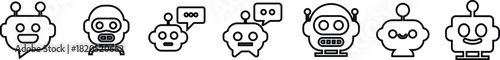 Robot face icon set in line collection group, artificial intelligence AI chatbot android avatar head symbol pack, robotics automation machine humanoid bot kit, synonym cyborg AI digital assistant