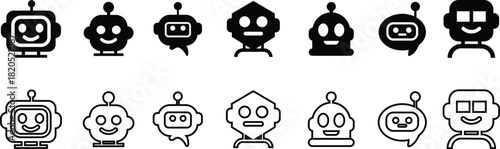 Robot face icon set in flat line collection group, artificial intelligence AI chatbot android avatar head symbol pack, robotics automation machine humanoid bot kit, synonym cyborg AI digital assistant