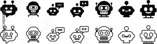 Robot face icon set in flat line collection group, artificial intelligence AI chatbot android avatar head symbol pack, robotics automation machine humanoid bot kit, synonym cyborg AI digital assistant