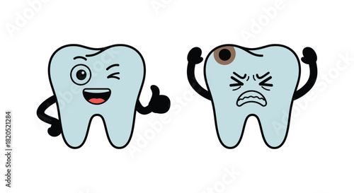 Cartoon teeth showing good dental health and tooth decay comparison