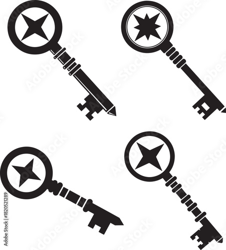 Four antique skeleton keys with star pattern silhouette