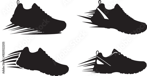 Four dynamic running shoe silhouettes with motion blur effect silhouette
