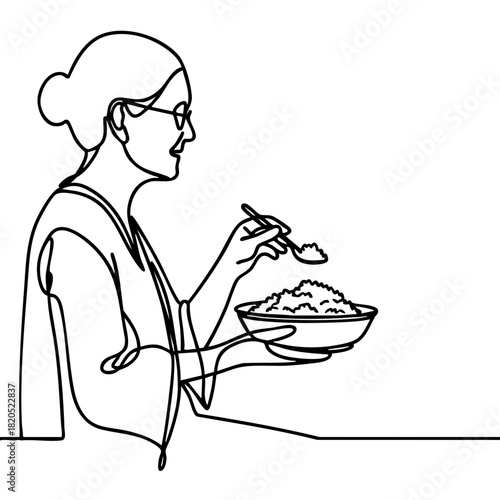 Single line drawing in modern minimalist style of Asian grandmother holding plate with food on white background  