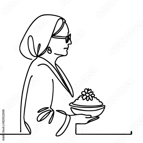 Single line drawing in modern minimalist style of Asian grandmother holding plate with food  