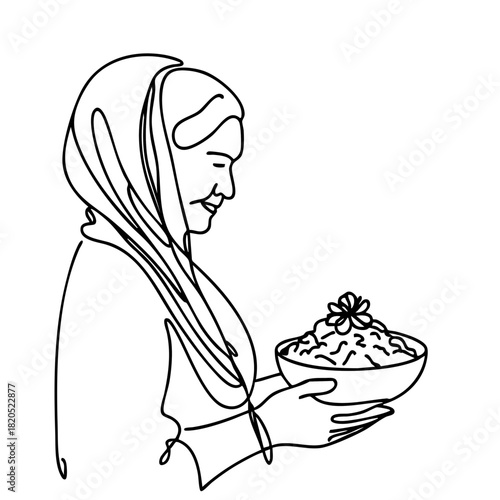 Single line drawing in modern minimalist style of Asian grandmother holding plate with food on white background with copy space