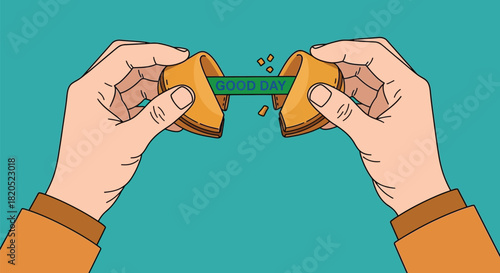 Hands breaking a fortune cookie revealing the message good day inside