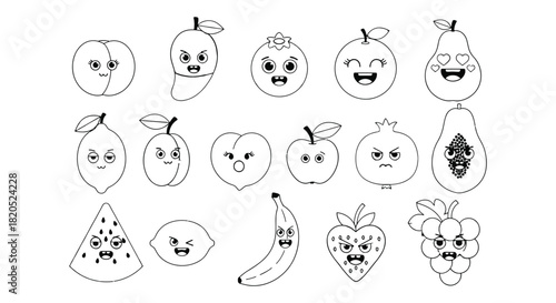 A collection of cartoon fruits with various expressions on a white background
